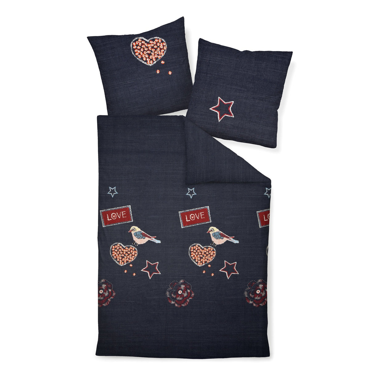 Janine Bettwäsche Davos 65037 Vögel Herzen Blüten Sterne Love Jeans
