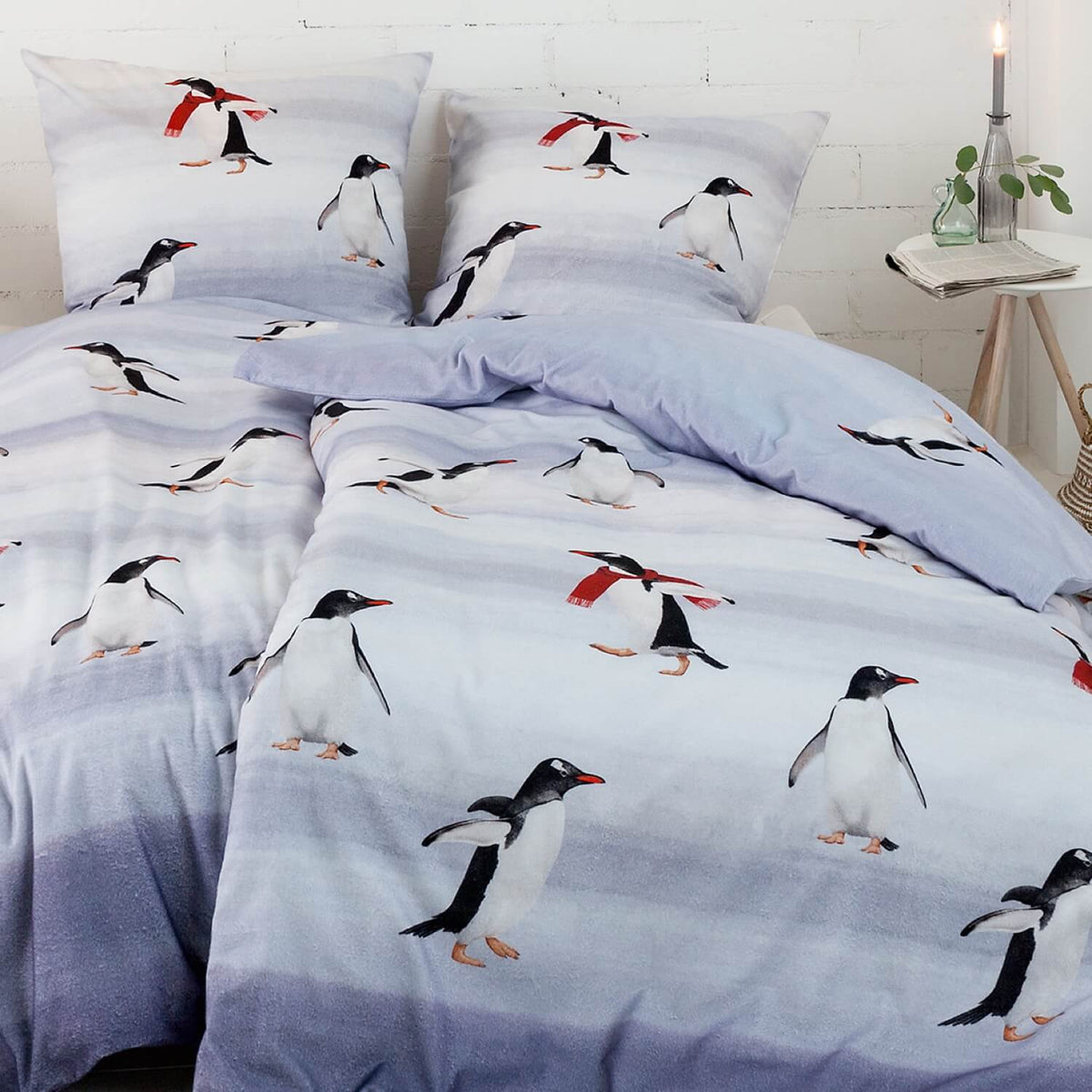 Estella Bettwäsche Pingu 4400 820 Silber Pinguine Winter Kuschelflanell