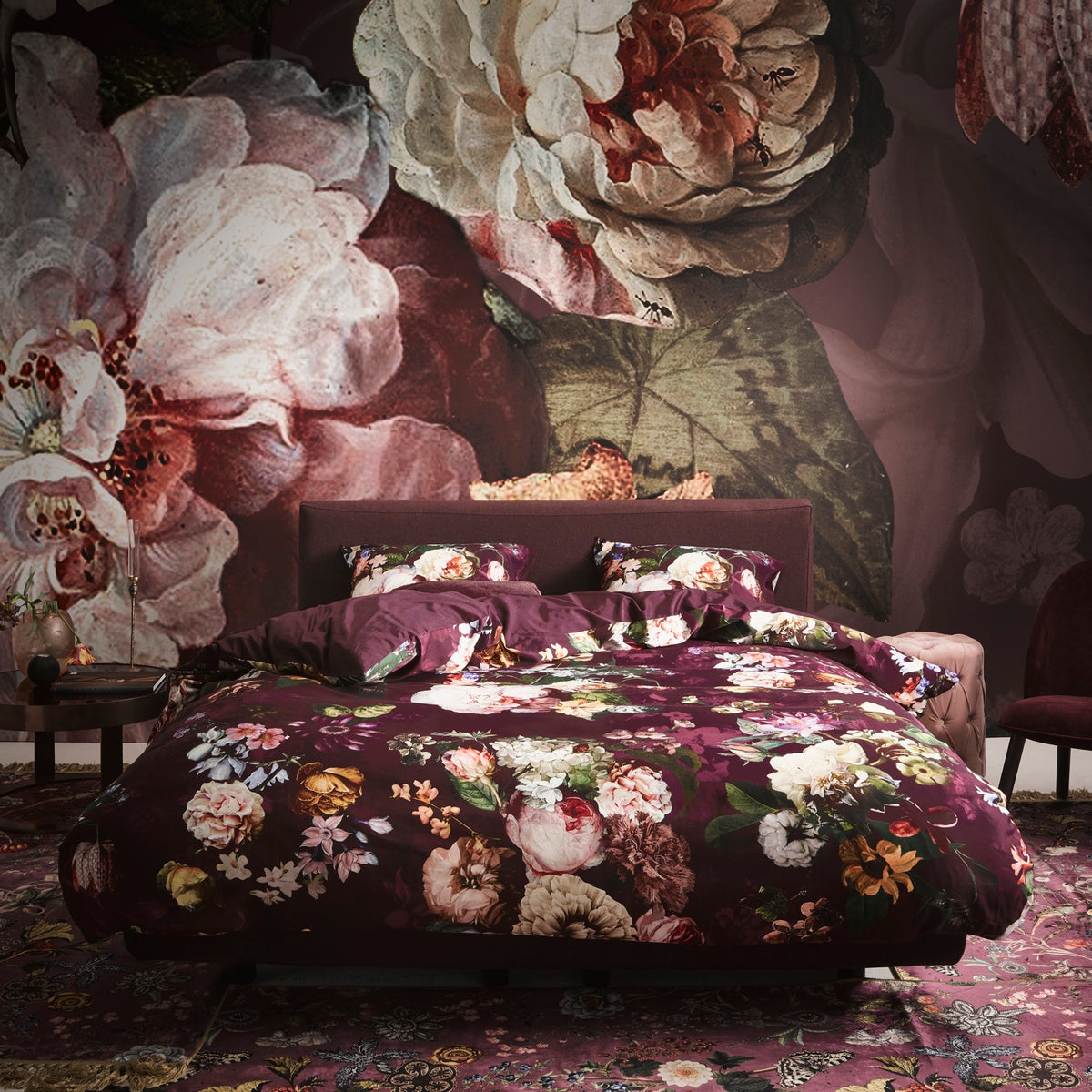 bettwaesche fleur burgundy gebluemt satin