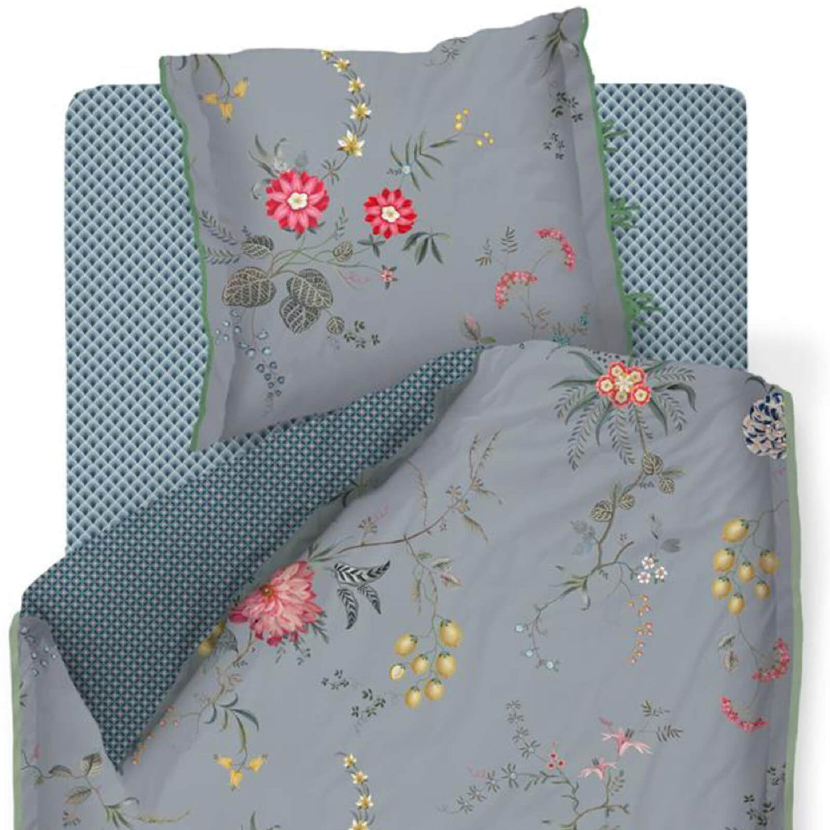 bettgarnitur bettwaesche blumen fruechte blau