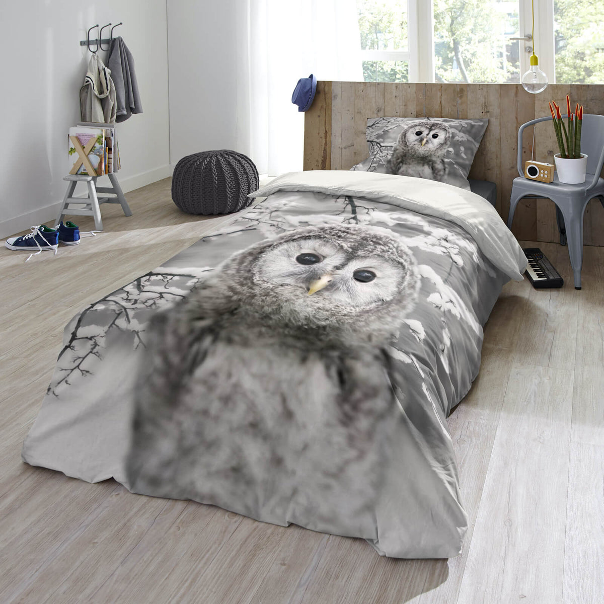 bettgarnitur eule schnee winter vogel nachtschwaermer flanell