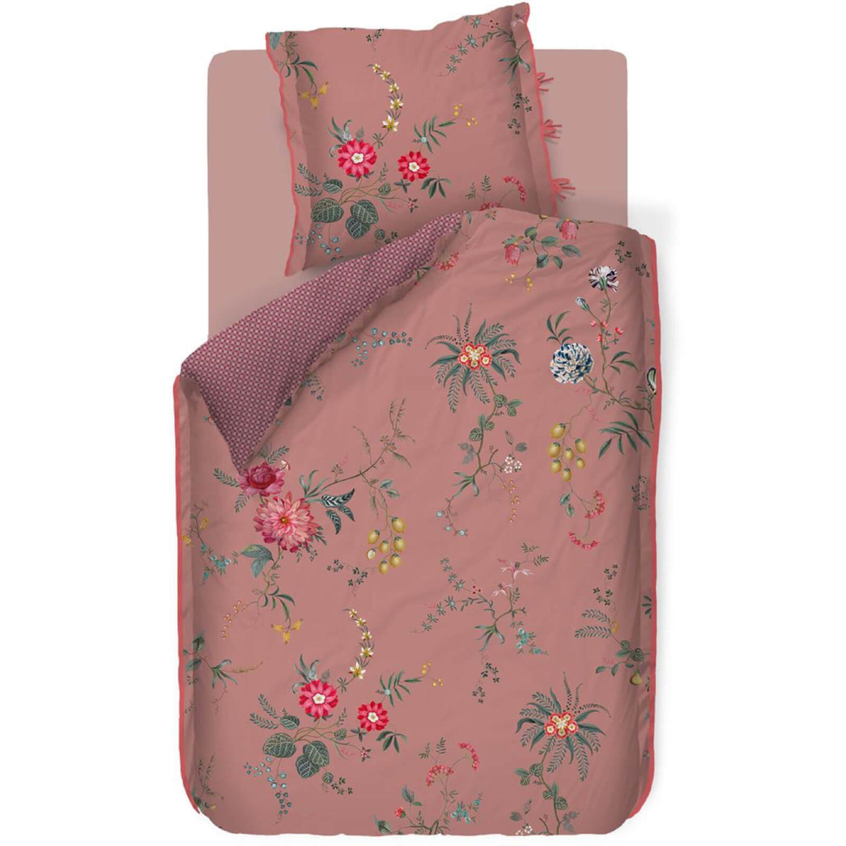 bettgarnitur bettwaesche blumen dahlien fruechte pink