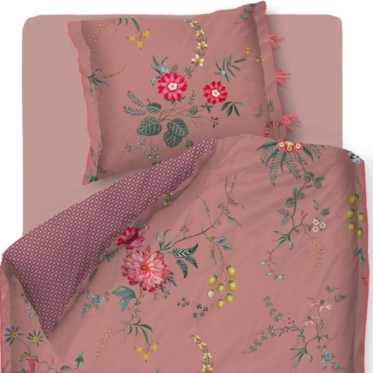 bettgarnitur bettwaesche blumen dahlien fruechte pink