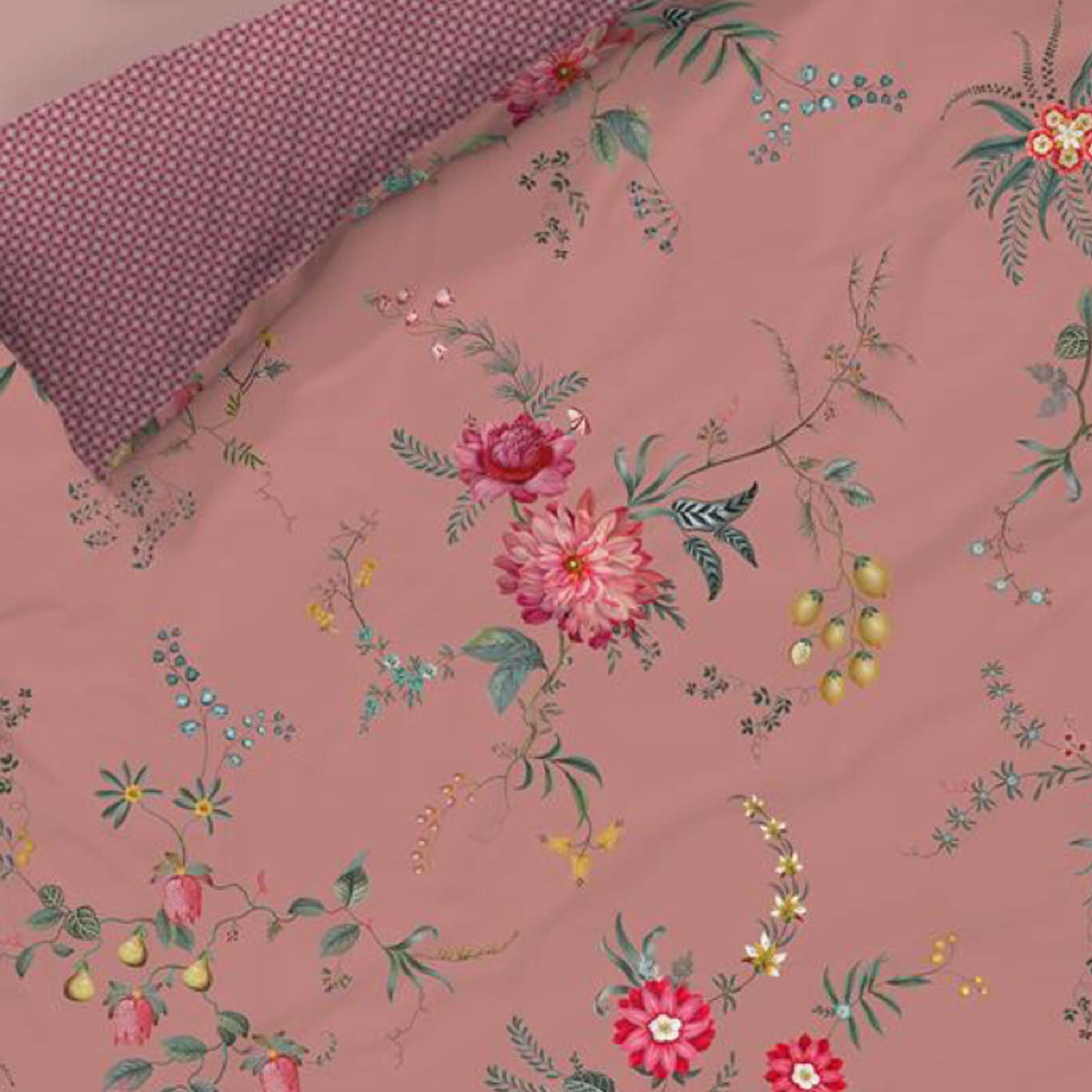 bettgarnitur bettwaesche blumen dahlien fruechte pink