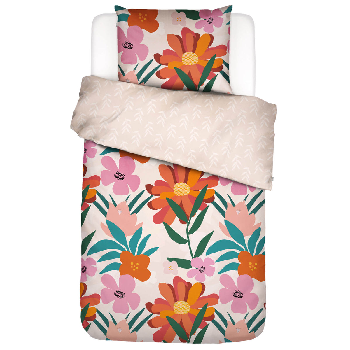 bettwaesche blumen blaetter beige bunt bio baumwolle perkal