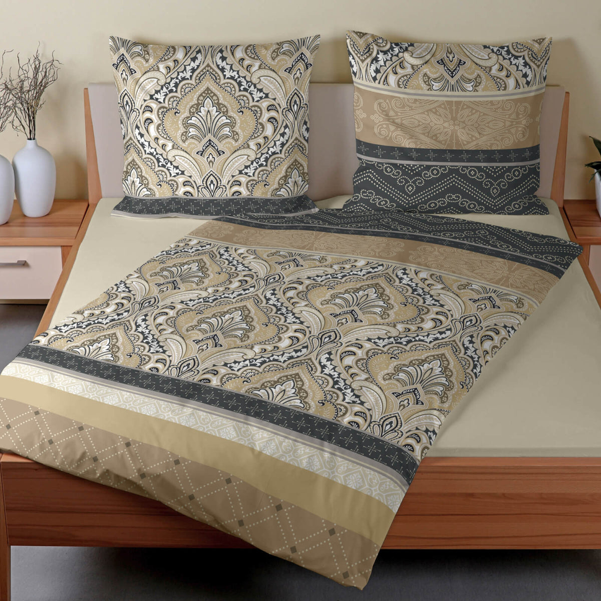 bettwaesche mandala gemustert biber beige anthrazit