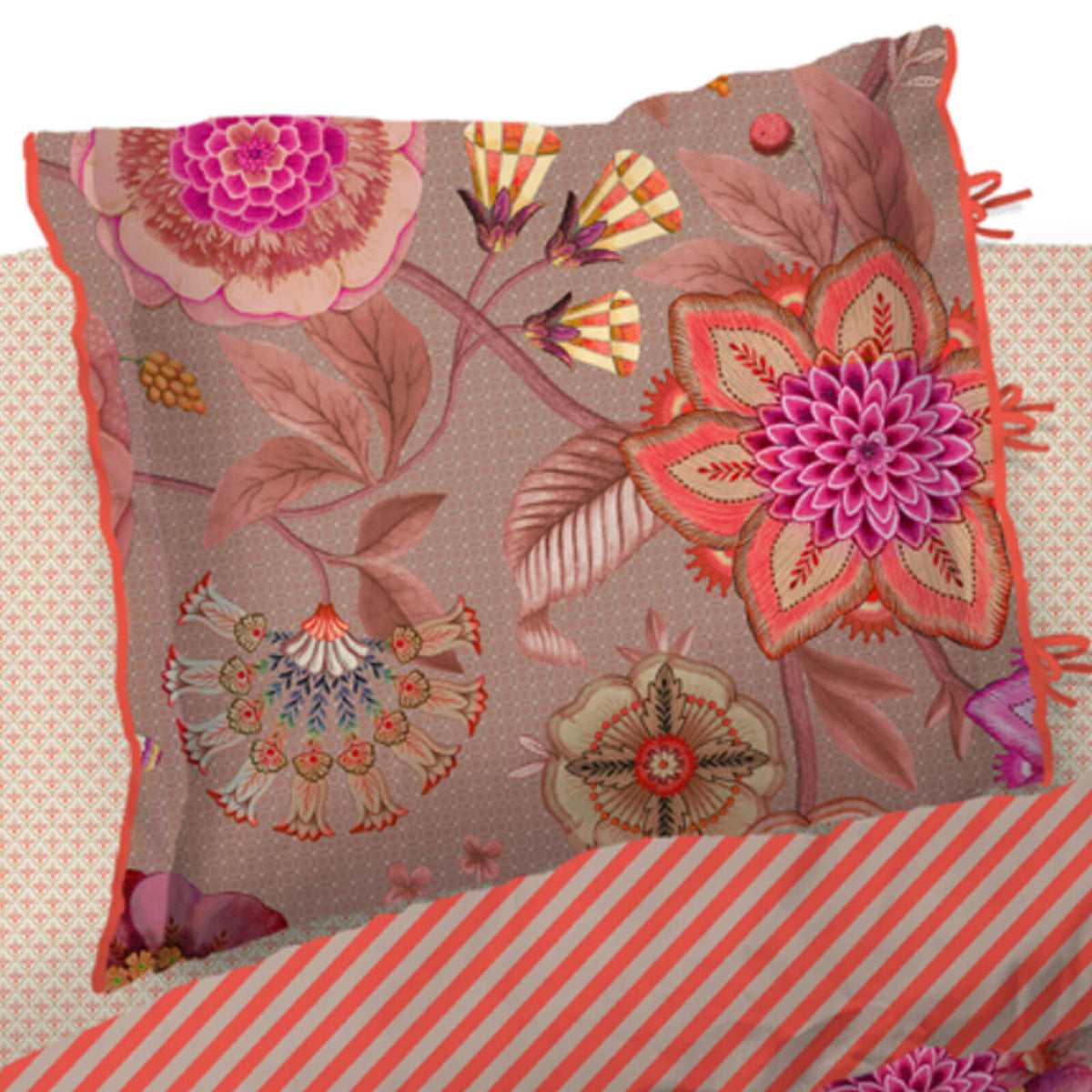 bettgarnitur bettwaesche blumen gestreift rot
