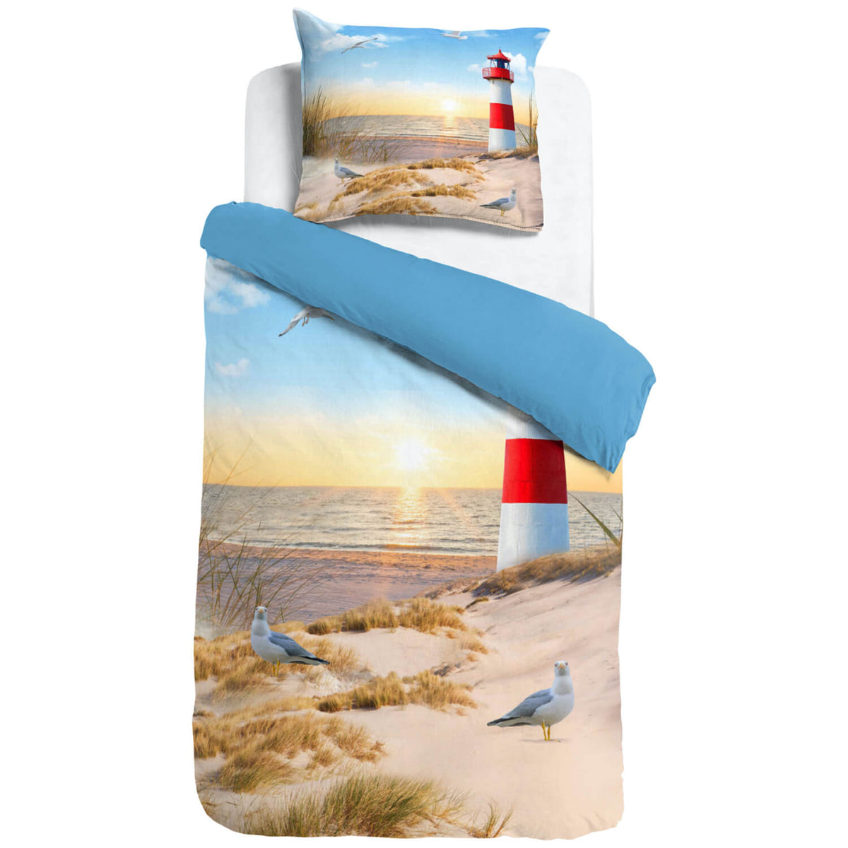 leuchtturm strand bettwaesche sonnenuntergang