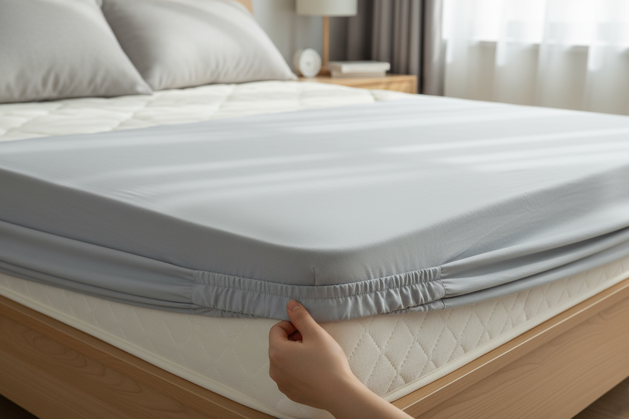Bett mit halb aufgespannten Spannbettlaken