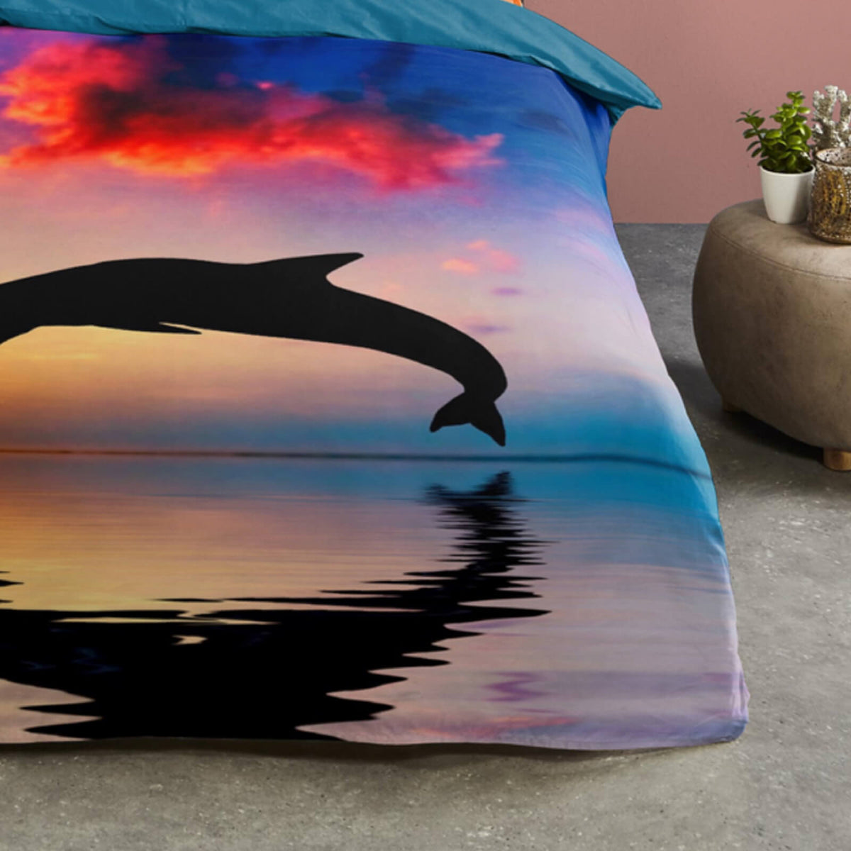 bettwaesche delfin sonnenuntergang blau