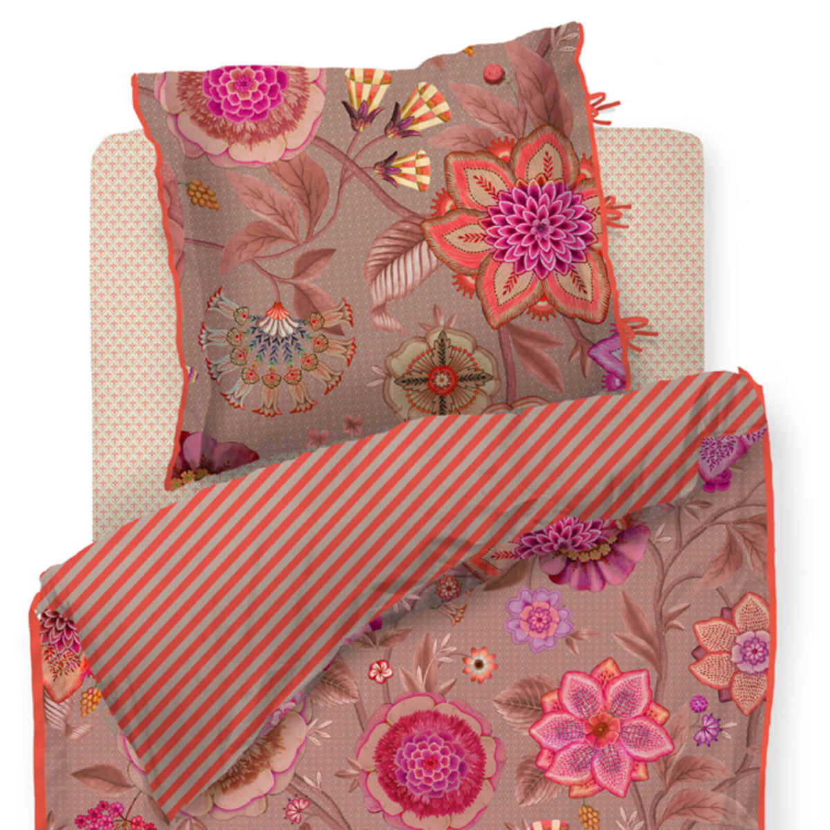 bettgarnitur bettwaesche blumen gestreift rot 