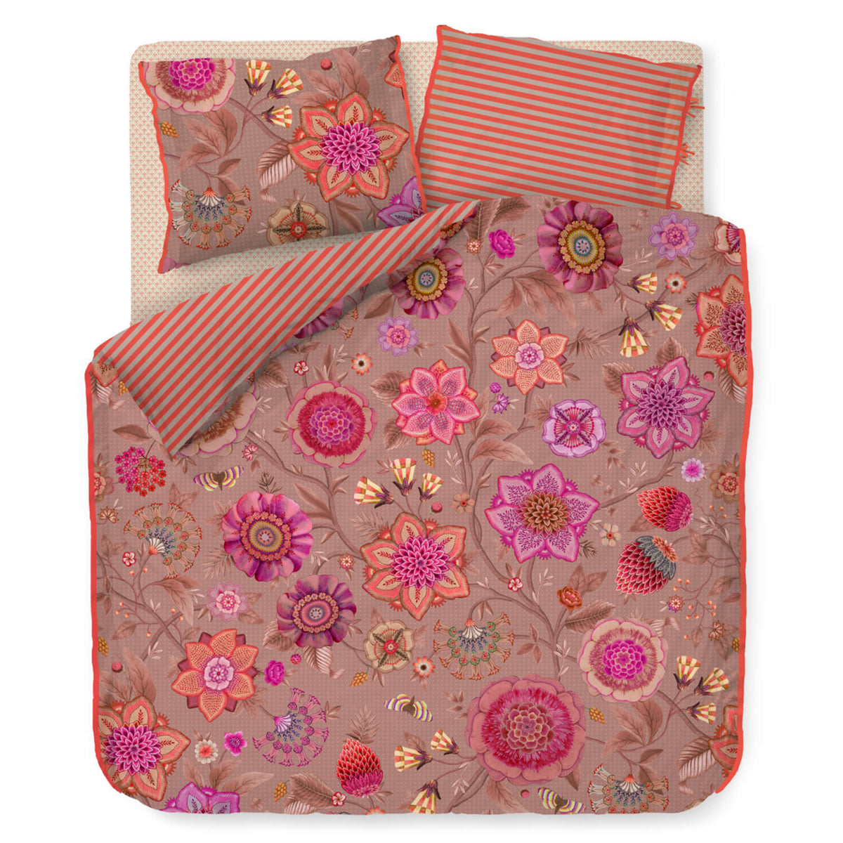 bettgarnitur bettwaesche blumen gestreift rot 