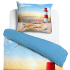 leuchtturm strand bettwaesche sonnenuntergang 