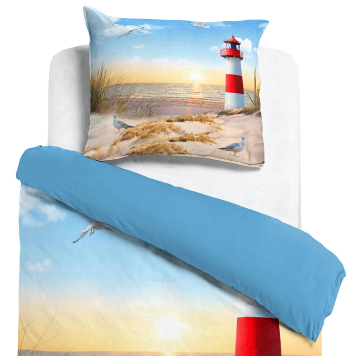 leuchtturm strand bettwaesche sonnenuntergang 