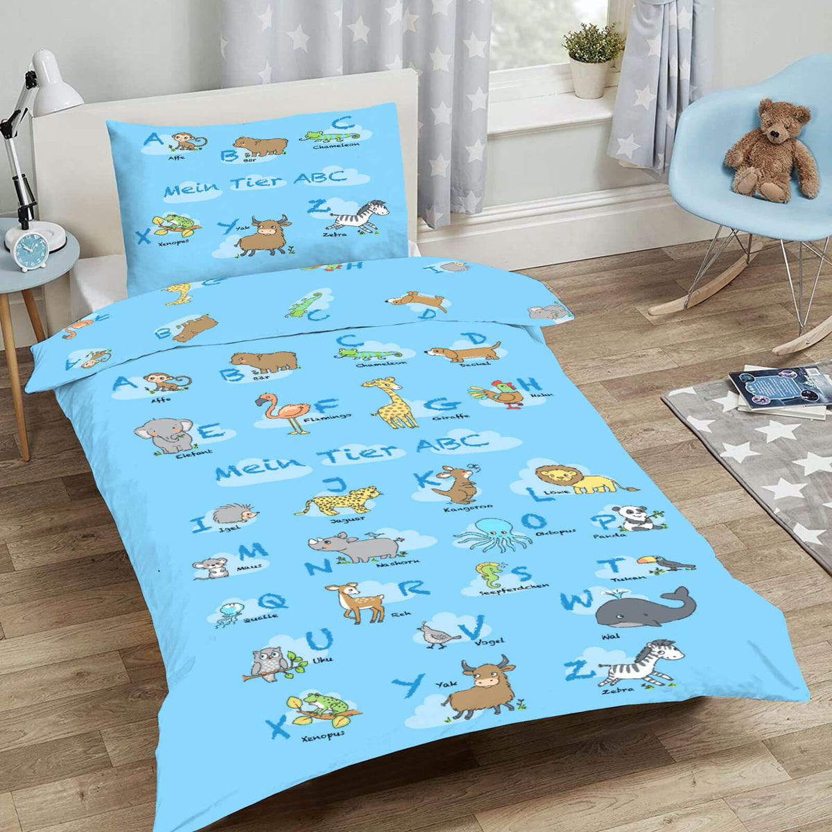 bettwaesche tiere blau abc zweiseitig baumwolle renforcé 